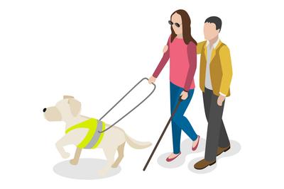 3D Isometrische flache konzeptionelle Illustration von Blindenhund, blinde Frau mit einem Tier Escort<br>3D Isometric Fl-stock-photo