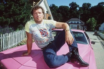 Thomas Freitag in Der Gartenkrieg 07/93 am Mann Fernsehen TV Schauspiel Komik Kabarett dunkelhaarig leger Auto rosa que-stock-foto