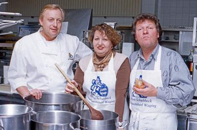 Genie?en erlaubt, Kochsendung mit Alfons Schuhbeck, Sarah Kamp und Kabarettist Thomas Freitag, Deutschland 1992 Copyrigh-stock-foto