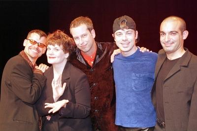 27/ Comedy 98: Thomas Hermanns Quatsch Comedy Club, Gruppenfoto, v.l.n.r. Ingo Appelt, Gayle Tufts, Thomas Hermanns, Mi-stock-photo