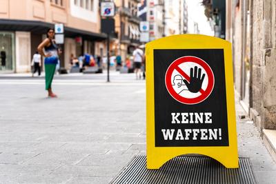 5 November 2024: A conspicuous sign in the city indicates a weapons ban zone to ensure safety and order in public spaces-stock-photo