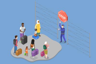 3D Isometric Flat  Illustration of Refugees, Asylum Seekers Community<br>3D Isometric Flat  Illustration of Refugees, Asylum Seekers Community-stock-photo