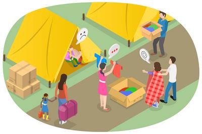 3D Isometric Flat Conceptual Illustration of Refugee Camp , Freiwilligenarbeit und soziale Dienste<br>3D Isometric Flat-stock-foto