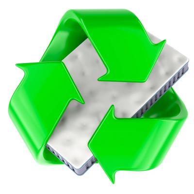 Mattress Recycling, concept. Recycle symbol with mattress, 3D rendering Mattress Recycling, concept. Recycle symbol with-stock-photo