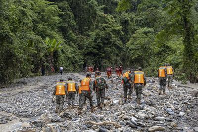 Mountain Flood Disaster Rescue in Sanshe-stock-foto