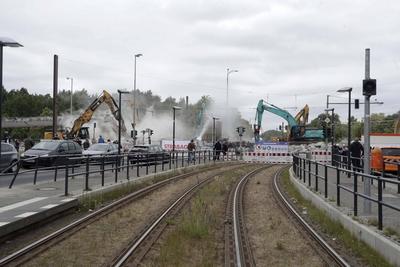 25.05.2025, Br?cke Stra?e An der Wuhlheide wird abgerissen, aufgrund der bestehenden Einsturzgefahr wurde der kontrollie-stock-foto