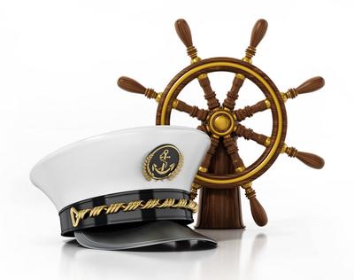 Ship wheel and captain hat isolated on white background. 3D illustration Ship wheel and captain hat isolated on white ba-stock-foto