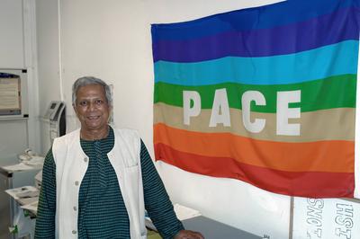 Muhammad Yunus receiving a Doctor Honoris Causa title from Sapienza University in Rome.-stock-photo