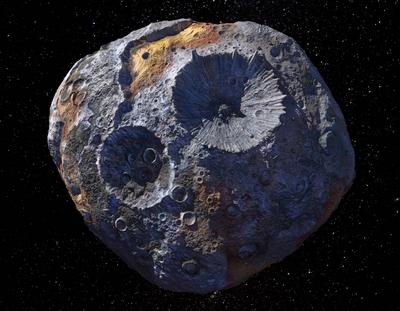 A Metal-Rich World (Artist s Concept) This artist s concept depicts the 140-mile-wide (226-kilometer-wide) asteroid Psyc-stock-photo