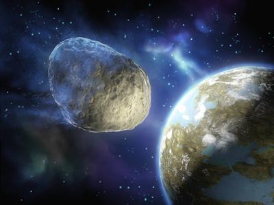 Asteroid on a collision path with a planet Asteroid on a collision path with an Earth-like planet. Digital illustration,-stock-foto