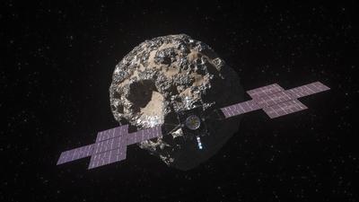 This illustration, updated in April 2022, depicts NASA s Psyche spacecraft. Set to launch in August 2022, the Psyche mis-stock-photo