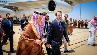 Syrian Foreign Minister, Asaad Al-Shaibani, receives Saudi Foreign Minister, Faisal bin Farhan bin Abdullah Al Saud-stock-foto