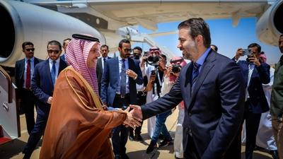 Syrian Foreign Minister, Asaad Al-Shaibani, receives Saudi Foreign Minister, Faisal bin Farhan bin Abdullah Al Saud-stock-foto