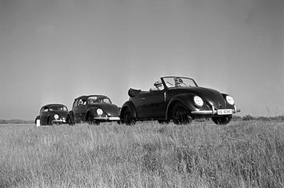 KdF Wagen Drei Modelle des Volkswagen Käfer, oder KdF Wagen, mit offenem und geschlossenem Dach und als Cabrio am Rande-stock-foto