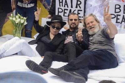 NEW YORK, NY - SEPTEMBER 13: Yoko Ono, Ringo Starr and Jeff Bridges attend the Fifth Annual Come Together: NYC Bed-In C-stock-photo