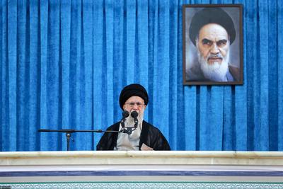 Supreme leader of Iran, Ali Khamenei, delivers a speech on the 36th anniversary of the passing of Imam Khomeini from the Imam Khomeini Mausoleum-stock-photo