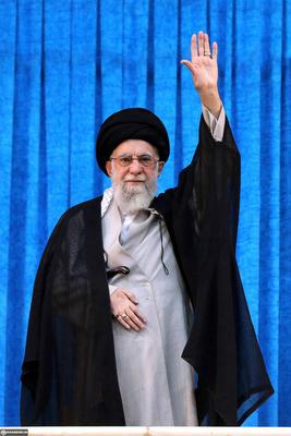 Supreme leader of Iran, Ali Khamenei, delivers a speech on the 36th anniversary of the passing of Imam Khomeini from the Imam Khomeini Mausoleum-stock-photo