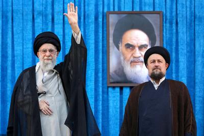 Supreme leader of Iran, Ali Khamenei, delivers a speech on the 36th anniversary of the passing of Imam Khomeini from the Imam Khomeini Mausoleum-stock-photo