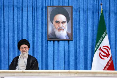 Supreme leader of Iran, Ali Khamenei, delivers a speech on the 36th anniversary of the passing of Imam Khomeini from the Imam Khomeini Mausoleum-stock-photo