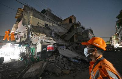 Three Storey Building Collapses In Rohini Area Of Delhi-stock-photo