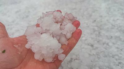 Downburst in Superzelle richtet schwere Sch?den in Ulm an - Anwohner im Juni mit Schneeeschieber unterwegs: Mehrere B?ume auf halber H?he einfach abgerissen - Ganze Ortschaft in Winterlandschaft verwandelt, Fensterscheibe durchschlagen - Tornadoverdach-stock-photo