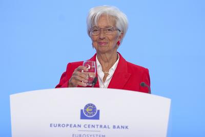 EZB Pressekonferenz mit Praesidentin Lagarde in Frankfurt-stock-foto