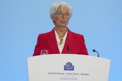 EZB Pressekonferenz mit Praesidentin Lagarde in Frankfurt-stock-foto