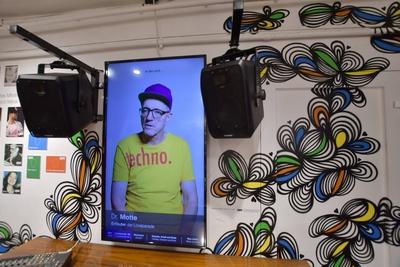 Dr.Mottes Loveparade - Sonderaustsellung Austellungshalle mit Videomonitoren und Dr. Motte Daueraustellung in der Alte-stock-photo