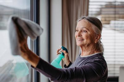 Senior woman cleaning windows in the house. Senior woman cleaning windows, tidy up the house. model released Copyright:-stock-photo