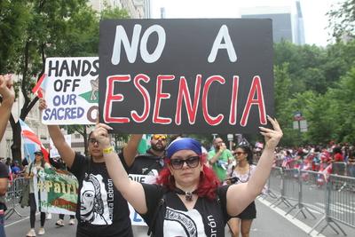 Protest at 2025 puerto rican day parade in new york.-stock-photo