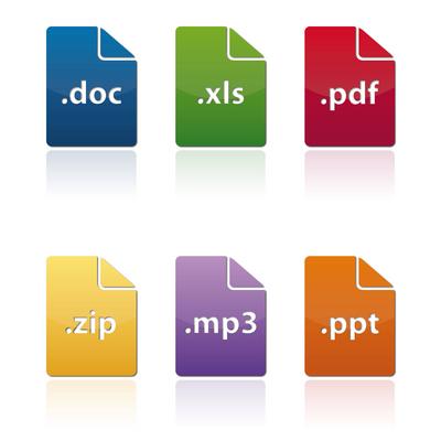 Colorful file icons in various formats doc xls pdf zip mp3 ppt Colorful icons in magenta, electric blue with pattern des-stock-photo