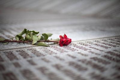 Bildnummer: 59809270  Datum: 05.06.2013  Copyright: imago/Eibner05.06.2013, Memorial Centre, Potocari, BIH, Massaker von Srebrenica, Potocari, im Bild Blumen auf der Gedenktafel in der die Namen der get?teten Muslime stehen. Das Massaker von Srebrenica gilt als eines der schlimmsten seit dem 2. Weltkrieg. Serbische Soldaten unter den Kommando von General Mladic, toeteten mehr als 8.000 Menschen, vorwiegend Muslime. // A flower is seen at a memorial plaque where the names of killed Muslims in Srebrenica Massacre are written. Serb forces slaughtered around 8,000 Muslim men and boys in the overwhelmingly Muslim Bosnian town in 1995, Europe s worst atrocity since World War Two. Memorial Centre Potocari, Screbrenica, Bosnia and Herzegovina on 2013/06/07. Gesellschaft Gedenken x0x xsk 2013 quer Aufmacher Aftermath Bosnia and Herzegovina Bosnian War Bosnien Krieg Bosnien und Herzegowina Color Image Conflict Crime Ehemaliges Jugoslawien Ethnic Cleansing Ethnische Saeuberung Farbbild Folgen Former Yugoslavia Friedhof Gedenkstaette Gewalt Justizwesen Konflikt Krieg Landscape Law Mass Murder Massaker von Srebrenica Massengrab Massenmord Mourning Opfer Politics Politik Querformat Religion Srebrenica Srebrenica genocide Srebrenica massacre Themengebiet Topics Trauerzeit Verbrechen Violence V?lkermord War cemetery genocide mass grave memorial sacrifice 59809270 Date 05 06 2013 Copyright Imago Eibner 05 06 2013 Memorial Centre  BIH Massacre from Srebrenica  in Picture Flowers on the Plaque in the the Name the killed Muslims Stand the Massacre from Srebrenica is as a the unterschften worst since the 2 World War II Serb Soldiers under the Command from General Mladic  more as 8 000 People mostly Muslims a Flower IS Lakes AT a Memorial Plaque Where The Names of KILLED Muslims in Srebrenica Massacre are written Serb Forces Slaughtered Around 8 000 Muslim Men and Boys in The overwhelmingly Muslim Bosnian Town in 1995 Europe S Worst Atrocity Since World was Two Memorial Centre   Bosnia and Herzegovina ON 2013 06 07 Society Remembrance x0x xSK 2013 horizontal Highlight Aftermath Bosnia and Herzegovina Bosnian was Bosnia War Bosnia and Herzegovina Color Image CONFLICT Crime former Yugoslavia Ethnic Cleansing Ethnic Cleansing Color image Follow Former Yugoslavia Cemetery Memorial Violence Judiciary Conflict War Landscape Law Mass Murder Massacre from Srebrenica Mass grave Mass murder Mourning Victims POLITICS politics Landscape Religion Srebrenica Srebrenica Genocide Srebrenica Massacre   Mourning period Crime Violence Genocide was Cemetery Genocide Mass Grave Memorial Sacrifice-stock-photo