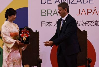 Homage with the Order of Ipiranga to the Imperial Highness of Japan, Princess Kako at the Bandeirantes Palace in Sao Paulo-stock-photo
