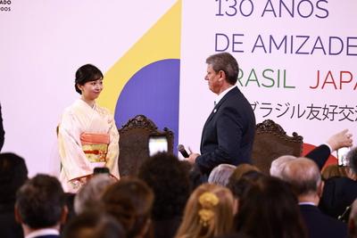 Homage with the Order of Ipiranga to the Imperial Highness of Japan, Princess Kako at the Bandeirantes Palace in Sao Paulo-stock-photo
