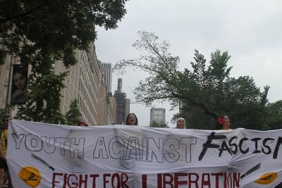 Protest at 2025 puerto rican day parade in new york.-stock-photo