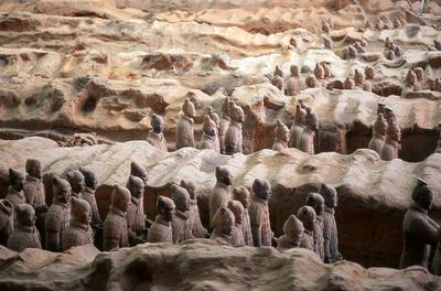 China: Warriors from the terracotta army guarding the tomb of Qin Shi Huang, first emperor of a unified China (r. 246-22-stock-photo