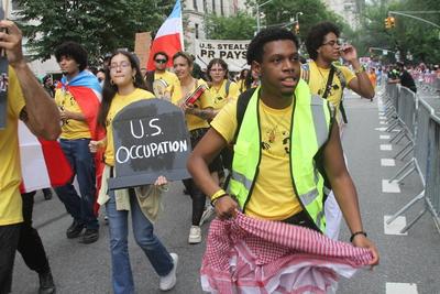 Protest at 2025 puerto rican day parade in new york.-stock-photo