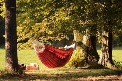 besetzte Haengematte mit Picknick Korb bei schoenstem Herbstwetter und warmen Temperaturen im Schlos-stock-foto