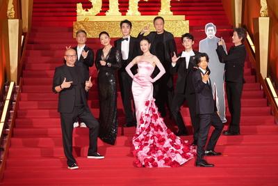 SHANGHAI, CHINA - JUNE 14: Director Guan Hu, actress Liang Jing, actor Zhu Yilong, actress Ni Ni, actor Leo Wu Lei, acto-stock-photo