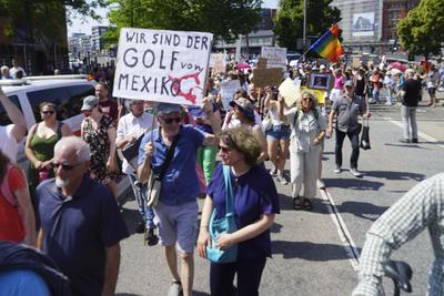 Demonstranten mit Fahnen Banner und Plakate Schildern Demonstration gegen Donald Trump in Hamburg 14.06.2025 Am Samstag nachmittag demonstrierten ca. 200 Personen Amerikaner die in Hamburg leben mit einem Marsch durch die Hafenvcity gegen die Politik des amtierenden US Pr?sidenten Donald Trump an seinem 79.Geburtstag zu Demonstieren Die friedliche Demonstration begann und endet in der N?he des US Konsulates das sich ebenfalls in der Hafencity befindet Hamburg Deutschland *** Protesters with flags banners and placards signs Demonstration against Donald Trump in Hamburg 14 06 2025 On Saturday afternoon about 200 people Americans living in Hamburg demonstrated with a march through the Hafenvcity against the policy of the incumbent US Presi-stock-foto