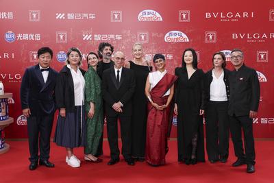 SHANGHAI, CHINA - JUNE 14: 27th SIFF Golden Goblet Awards Jury members director Yang Lina, actress Yong Mei, director Iv-stock-photo