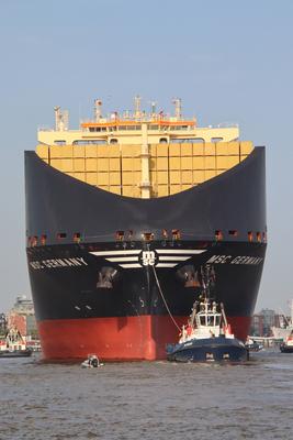 Der Containerfrachter MSC Germany liegt vor den Landungbr?cken im Hamburger Hafen. *** The container freighter MSC Germa-stock-foto