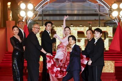 SHANGHAI, CHINA - JUNE 14: Director Guan Hu, actress Liang Jing, actor Zhu Yilong, actress Ni Ni, actor Leo Wu Lei, acto-stock-photo