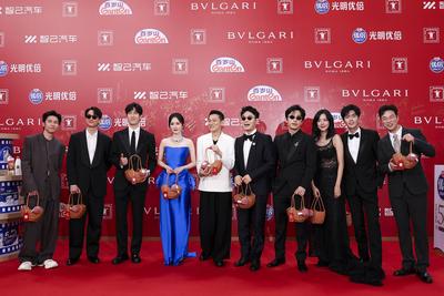 SHANGHAI, CHINA - JUNE 14: (L-R) Actor Sun Yang, actor Terrance Lau Chun-him, actor Chang Yuan, actress Yang Mi, actor A-stock-photo