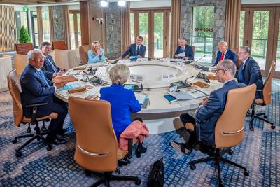 Kananaskis, Alberta, Kanada, 16.06.2025: Mountain Lodge: G7-Gipfel 2025: Arbeitssitzung der G7, im Uhrzeigersinn beginne-stock-photo