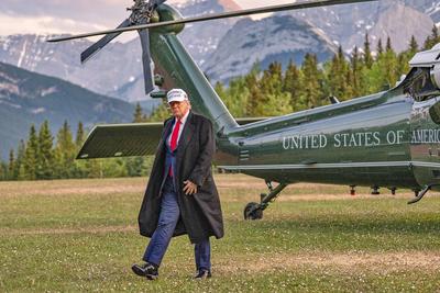 Kananaskis, Alberta, Kanada, 15.06.2025: Mountain Lodge: G7-Gipfel 2025: US-Pr?sident Donald Trump ist mit dem Hubschrau-stock-photo