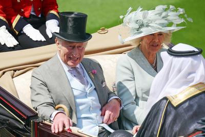 Royal Ascot, Royal Procession. King Charles III and Camilla, the Queen Consort, arriving at the parade ring-stock-photo