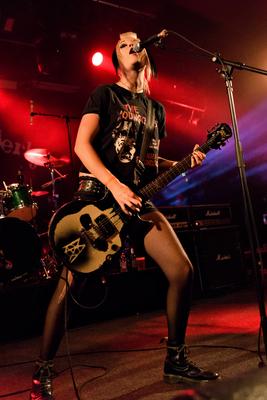 133/ Maid of Ace: Alison Cara Elliot (vocals, guitar) from the all sisters Punk band from Hastings, England playing live-stock-photo