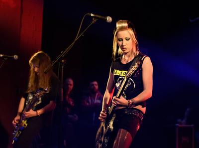 133/ Maid of Ace: Anna (left) and Alison (right) from the British all-sister Punk band Maid of Ace performing at the Pun-stock-photo