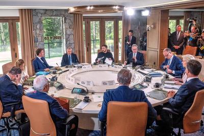 Kananaskis, Alberta, Kanada, 17.06.2025: Mountain Lodge: G7-Gipfel 2025: Arbeitssitzung der G7, im Uhrzeigersinn beginne-stock-photo